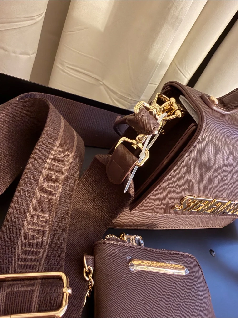 Steve Madden Brown Saffiano Top-Handle Satchel with Gold Logo